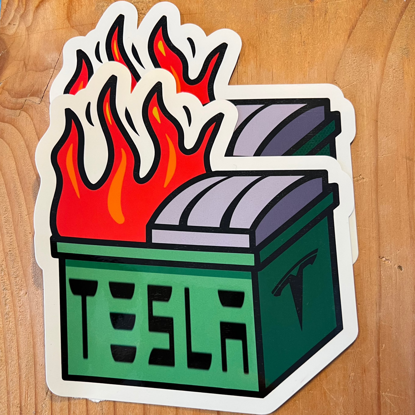 Tesla Dumpster Fire Sticker – 2-Pack Funny Meme Vinyl Decals for Laptops, Water Bottles, & Cars